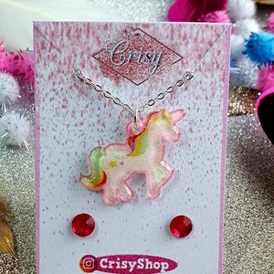 Glitter Unicorn Necklace and Pink Earrings