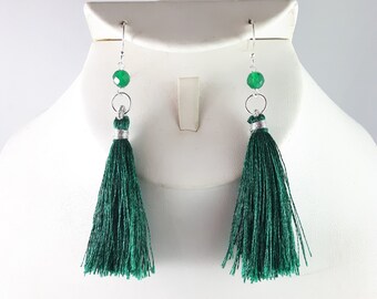 Emerald Green Tassel Earrings with Green Onyx