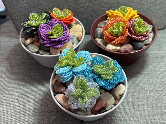 French beaded triple succulent in small gray pot
