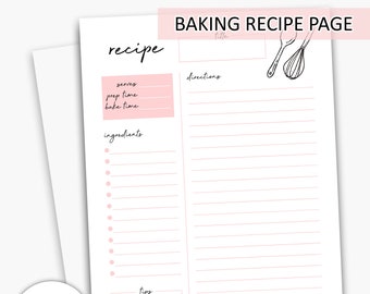 Baking Recipe Page Template Printable | Recipe Planner, Printable Recipe Card, Recipe Book, Recipe Insert, Planner Inserts, A4, A5, Letter