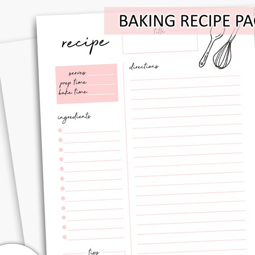 Baking Recipe Page Template Printable Recipe Planner - Etsy