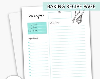 Baking Recipe Page Template Printable Aqua | Recipe Planner, Printable Recipe Card, Recipe Book, Recipe Insert, Planner Inserts, A4, A5