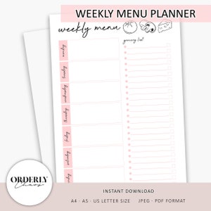Weekly Menu Planner Printable | Weekly Meal Plan, Grocery List, Meal Planner, Printable Planner Template, Planner Inserts, A4, A5, Letter