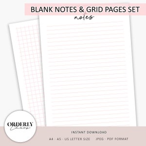 Blank Notes Grid Paper Printable | Siatka kwadratowa, papier w linie, notatki do nauki, notatki z wykładów, Bullet Journal, wkładki do planera, A4, A5, Letter