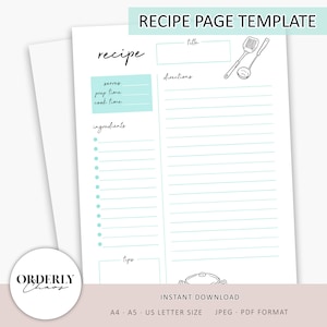 Recipe Page Template Printable Aqua | Recipe Planner, Printable Recipe Card, Recipe Book, Recipe Insert, Planner Inserts, A4, A5, Letter