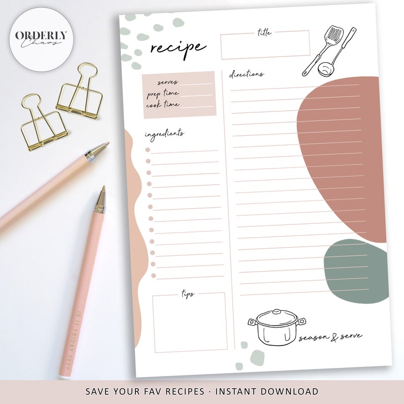 Recipe Page Template Printable Modern Minimalism Recipe - Etsy