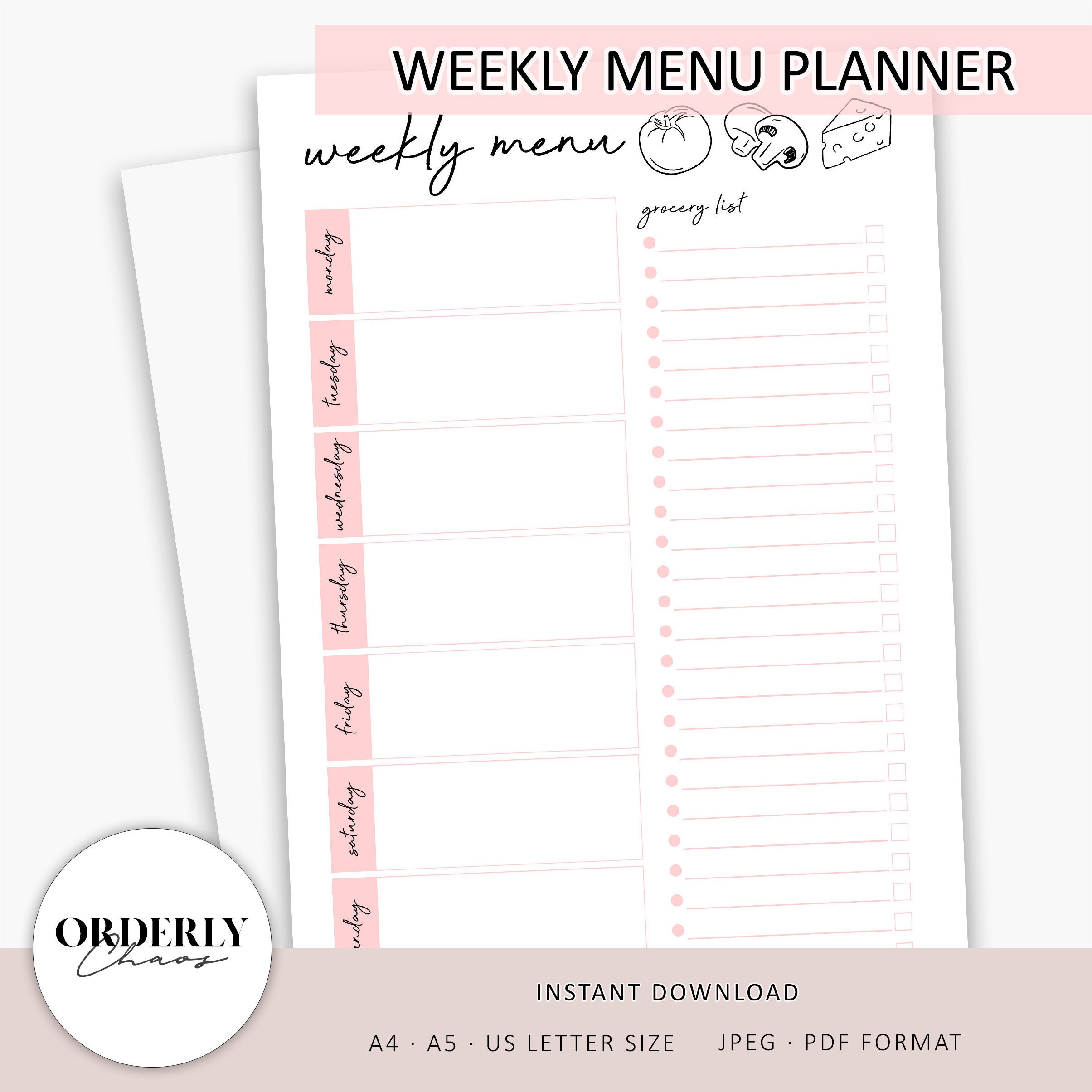 Printed A5 Meal Dinner Menu Shopping weekly plan planner insert refill Filofax 