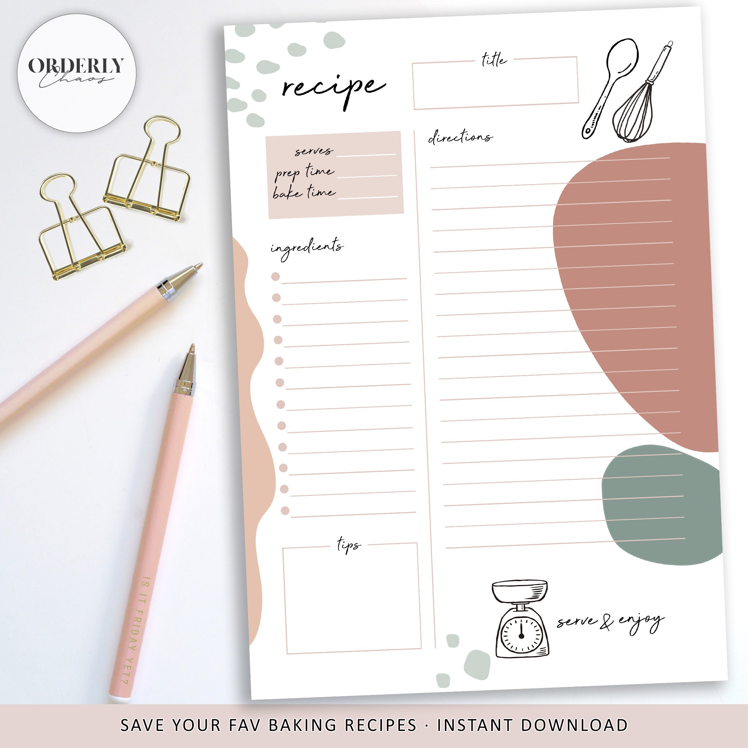 Baking Recipe Page Template Printable Modern Minimalism Etsy España