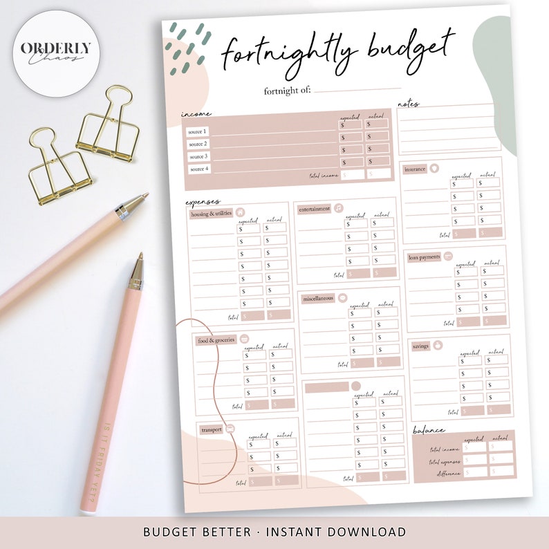 Fortnightly Budget Planner Printable Modern Minimalism Etsy