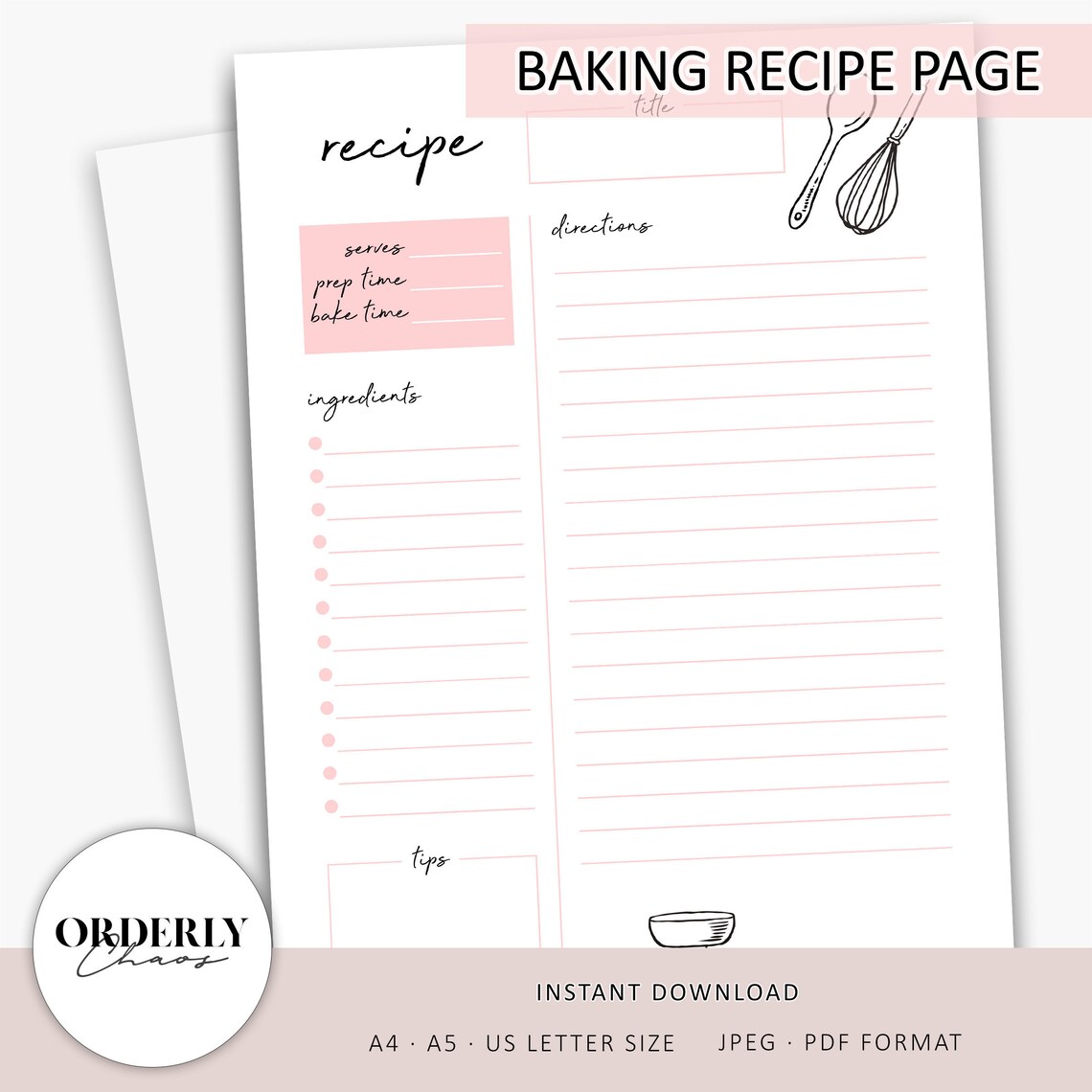 Baking Recipe Page Template Printable Recipe Planner Etsy