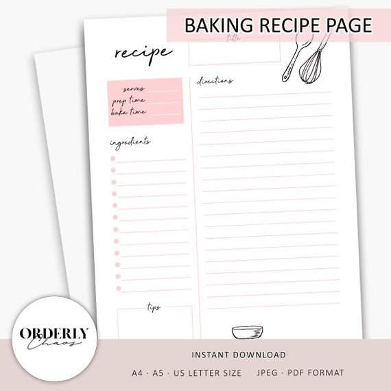 Baking Recipe Page Template Printable Recipe Planner Etsy