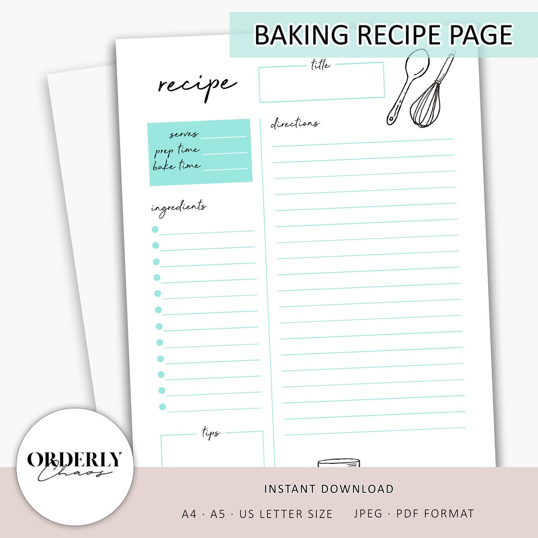 Baking Recipe Page Template Printable Aqua | Recipe Planner, Printable ...