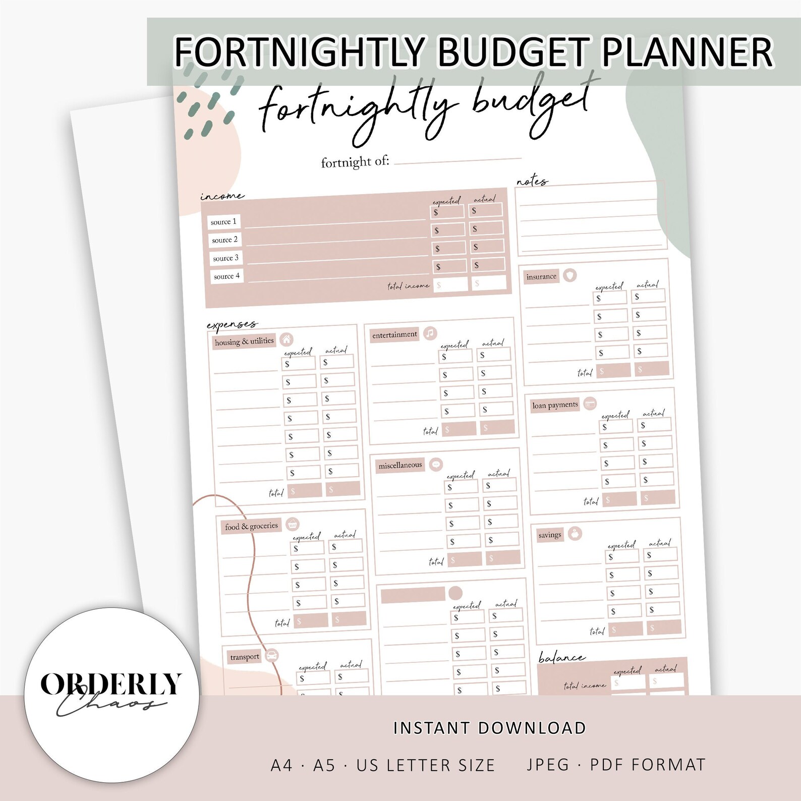 Fortnightly Budget Planner Printable Modern Minimalism Etsy