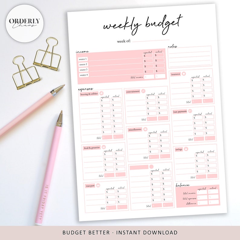 Weekly Budget Planner Printable Financial Planner Expense Etsy