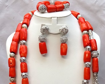 Long 2 Layers Silver Accessories Celebrant Original Traditional Nigerian African Bridal Wedding Coral Necklace Jewellery Set