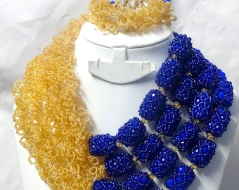 Latest Design Gold and Royal Blue African Nigerian Wedding Beads Design  Party Jewellery Set