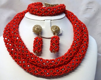 2 Layers Red Crystal African Beads Wedding Necklace Jewellery Set