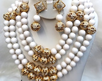 PrestigeApplause White Coral African Traditional Wedding Beads Jewelry Set 4 Layers Coral Bead with Gold Balls
