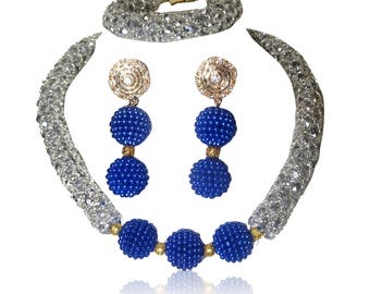 Silver Mixed with Royal Blue Crystal Party Bridal Wedding African Beads Jewellery Set