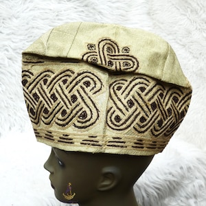 Champagne Gold  with Chocolate Yoruba Fila Hat Royal Designs Aso Oke Groom Fila Cap African Nigerian Hat For Men Groom For Wedding Party