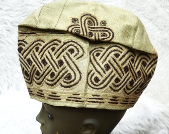 Champagne Gold  with Chocolate Yoruba Fila Hat Royal Designs Aso Oke Groom Fila Cap African Nigerian Hat For Men Groom For Wedding Party
