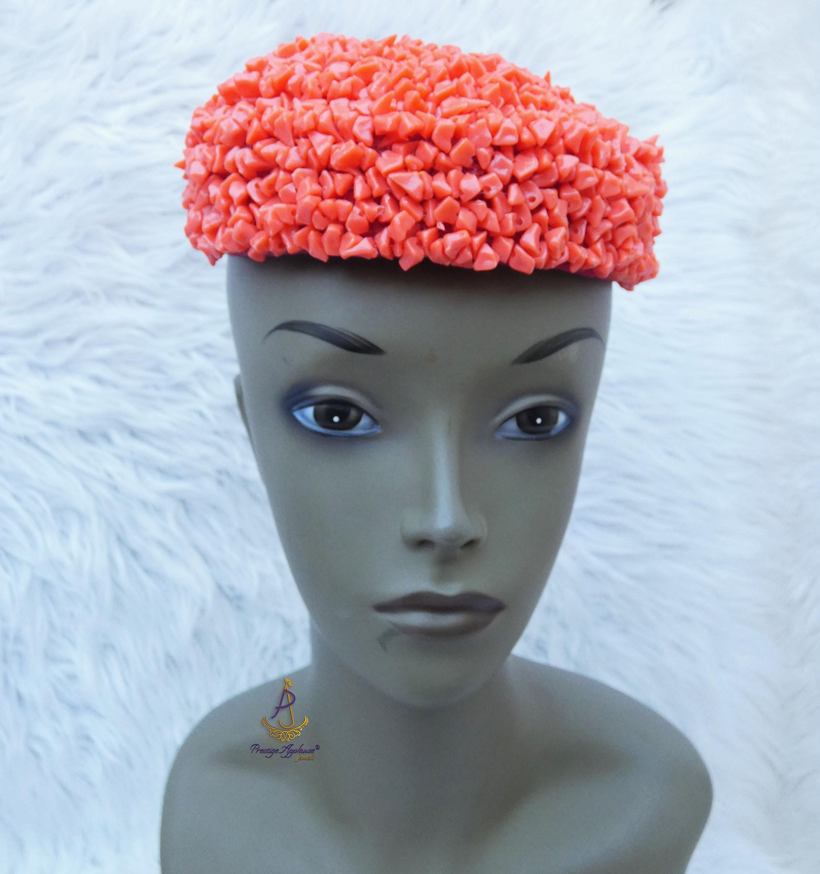 Clearance African Queen Orange Red Coral Beaded Cap Bridal Edo