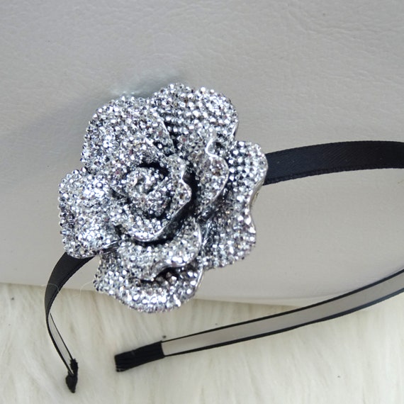 Silver Black Stoned Bow Flower Handband Great as Gift - Etsy display picture 1