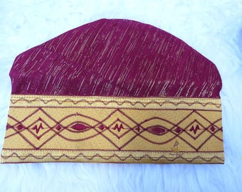 Maroon Red Gold Embroidery Yoruba Fila Hat Royal Designs Aso Oke Groom Fila Cap African Nigerian Hat For Men Groom For Wedding Party
