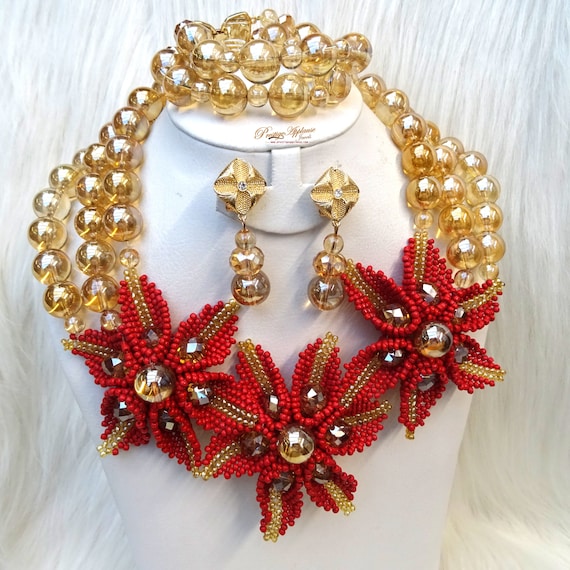 Red With Gold Beads New Latest Design African Beads Bridal Wedding