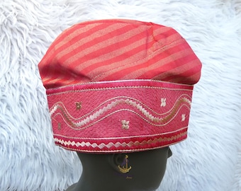 Peach Coral Colour Yoruba-Fila Hat Royal Designs Aso Oke Groom Fila Cap African Nigerian Hat For Men Groom For Wedding Party