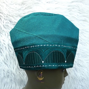 Teal Green Mix Beige Yoruba Fila Hat Royal Embroidery Designs Aso Oke Groom Fila Cap African Nigerian Hat For Men Groom Wedding Party