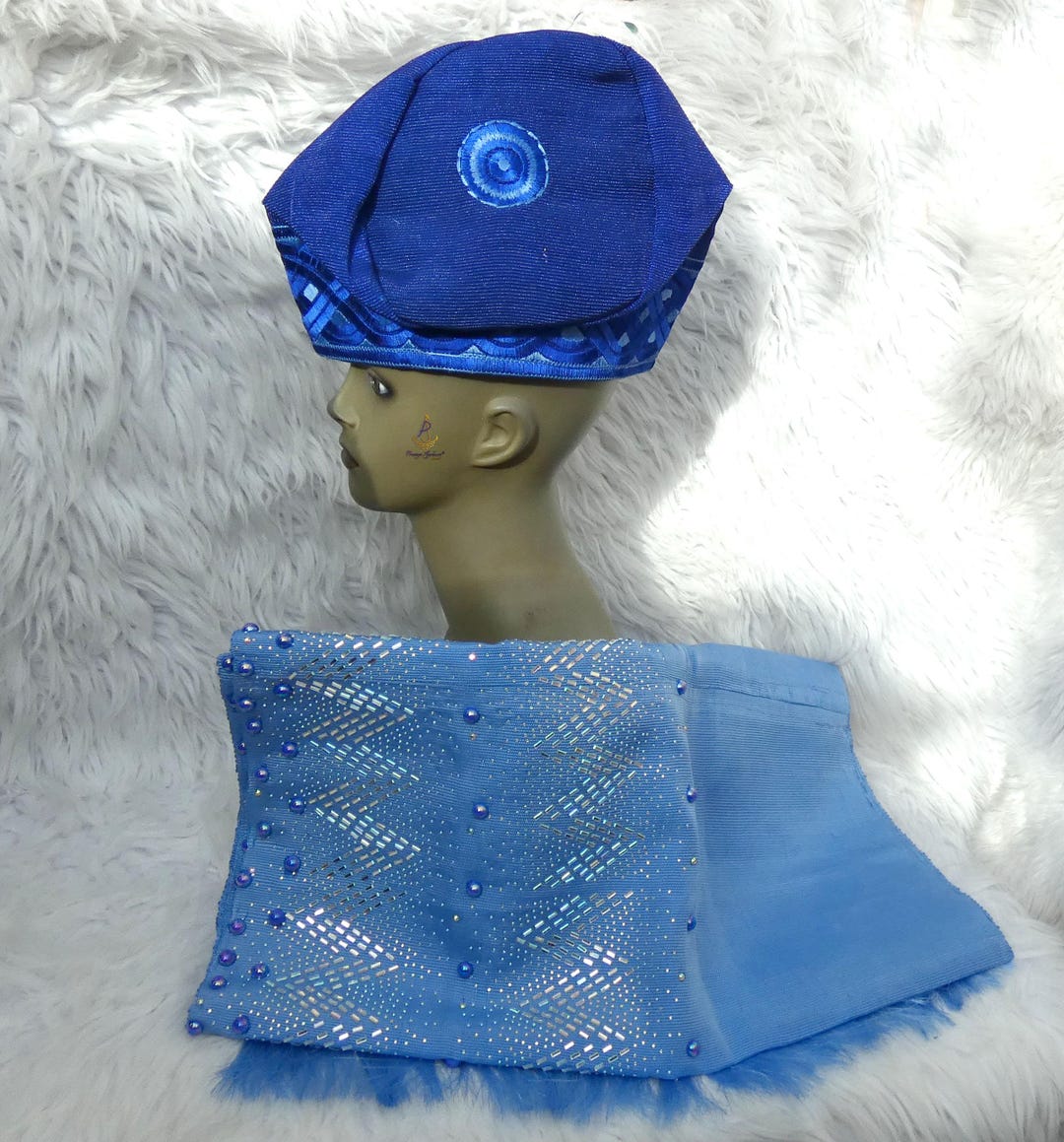 Royal Blue Embroidery Men Aso Oke Groom Fila Cap & Gele for Women ...