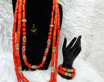 3 Layers Traditional Men Women Coral Beads Necklace Bracelet Jewellery Wedding Set Silver Gold accessories - Nigerian Coral