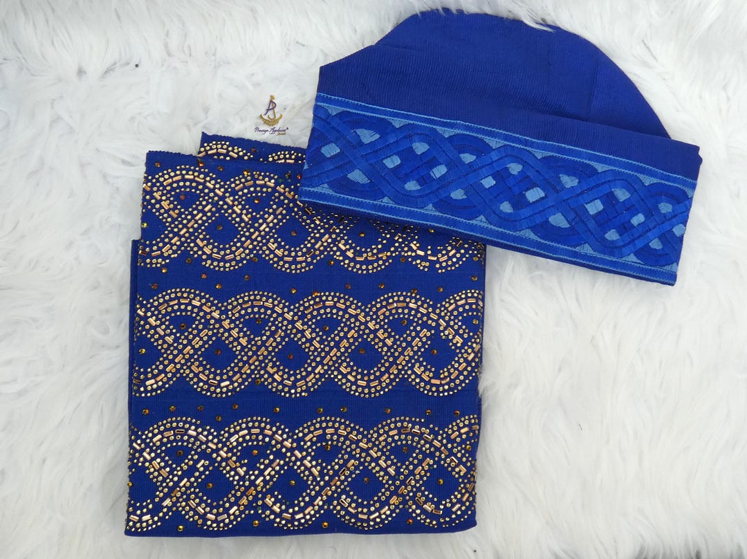 Royal Blue Embroidery Men Aso Oke Groom Fila Cap & Gele for Women ...