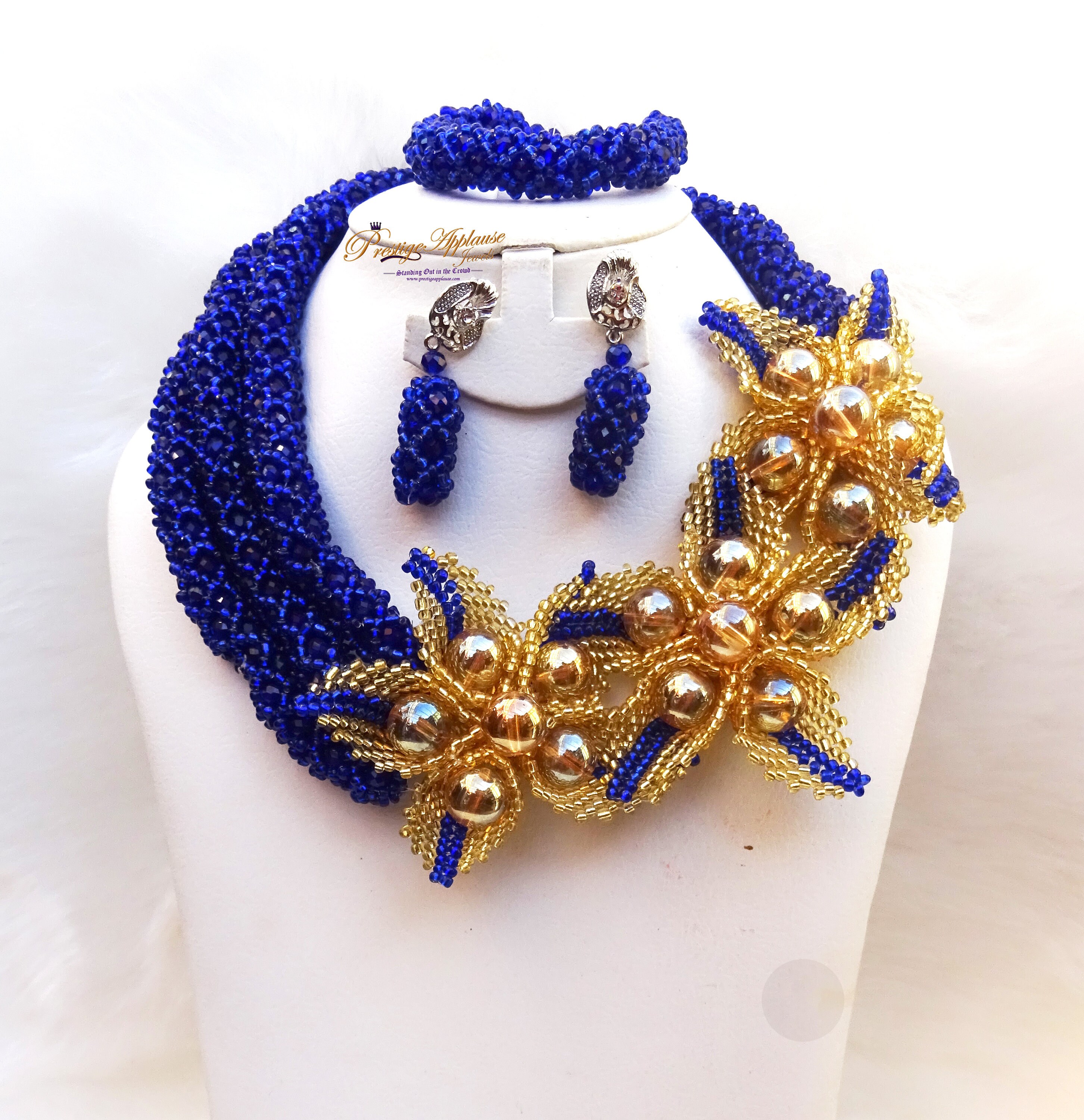 Detailed Elegant Blue Gold Peach Beads Necklace Bracelet Jewellery Set Etsy Ireland