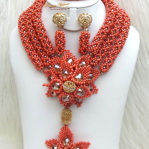 PrestigeApplause Unique Elongated shops Orange Design Bridal Wedding Beads Bridal Party Jewellery Set