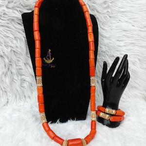 Traditional Bridal Men Coral Beads Necklace Bracelet Jewellery Wedding Set Silver Gold accessories - Nigerian Coral Necklace Bracelet