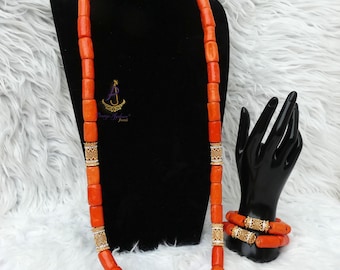 Traditional Bridal Men Coral Beads Necklace Bracelet Jewellery Wedding Set Silver Gold accessories - Nigerian Coral Necklace Bracelet