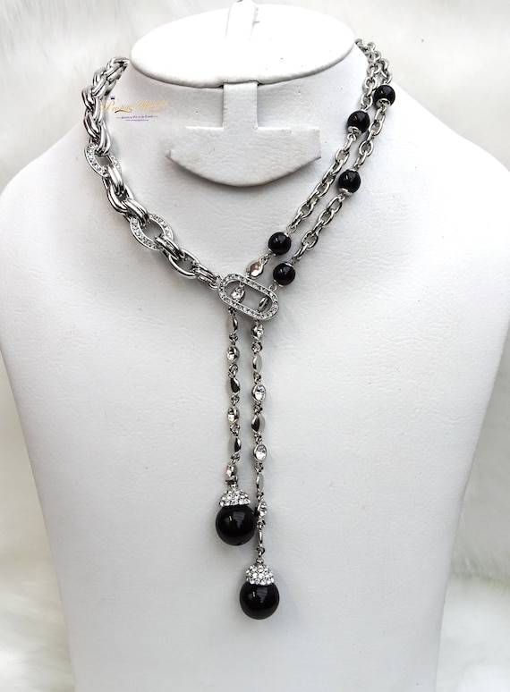 ロングブラックパールシルバーネックレス：カクテルジュエリー - Etsy 日本