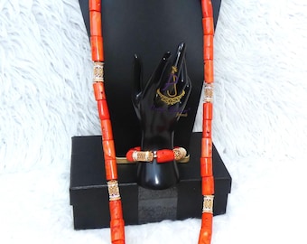 Traditional Bridal Men Coral Beads Necklace Bracelet Jewellery Wedding Set Silver Gold accessories - Nigerian Coral Necklace Bracelet