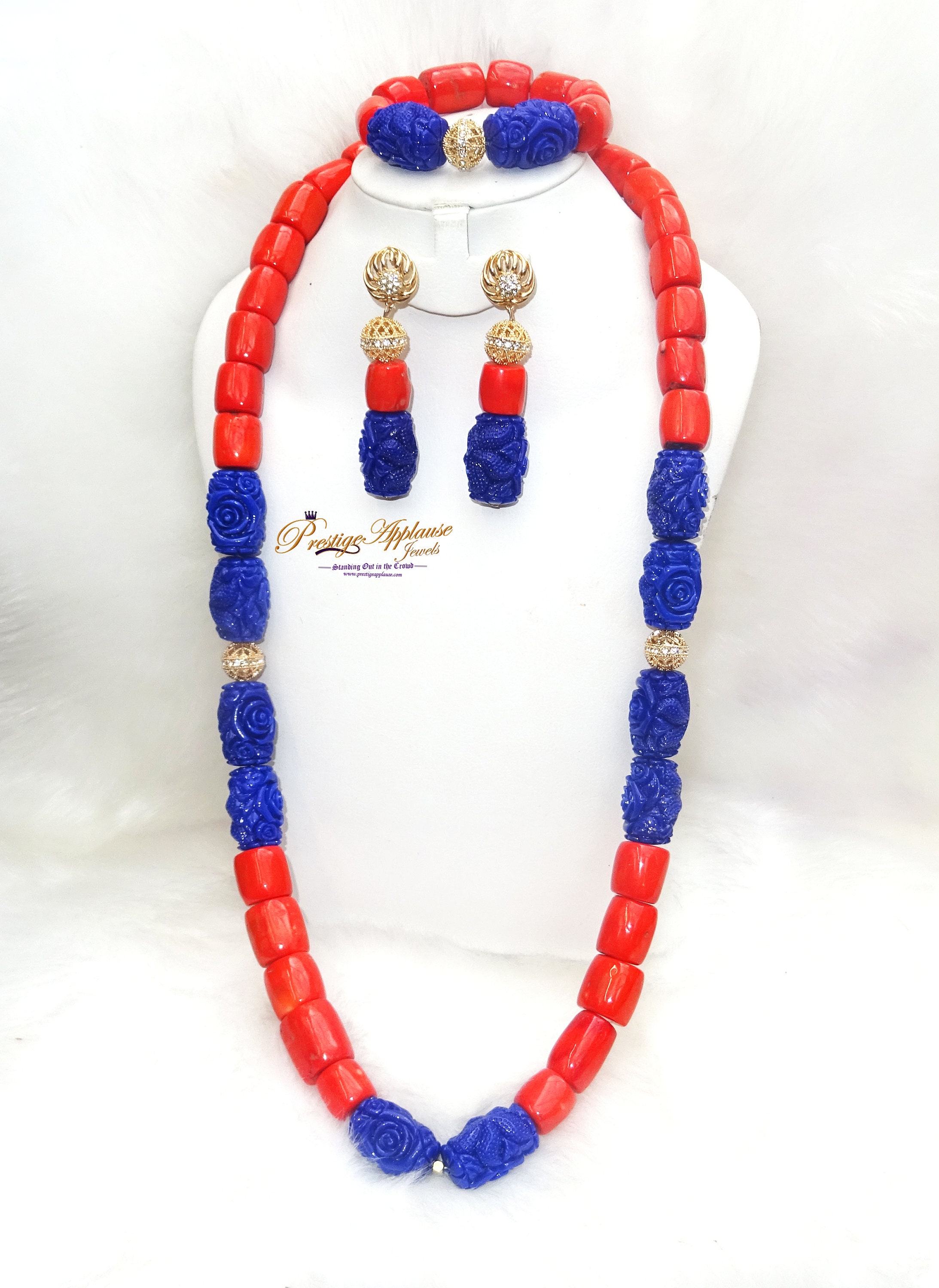 Coral Mixed With Blue Carved Coral Beads African Nigerian Embelished