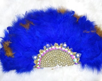 Abanico de mano de estilo africano tradicional para bodas, compromisos, color azul real y plumas doradas, último estilo detallado