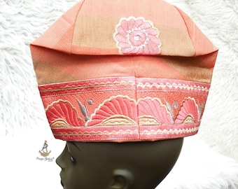 Peach with Champagne Gold Yoruba Fila Hat Royal Designs Aso Oke Groom Fila Cap African Nigerian Hat For Men Groom For Wedding Party