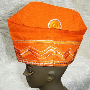 Orange Yoruba Fila Hat Royal Embroidery Designs Aso Oke Groom Fila Cap African Nigerian Hat For Men Groom Wedding Party