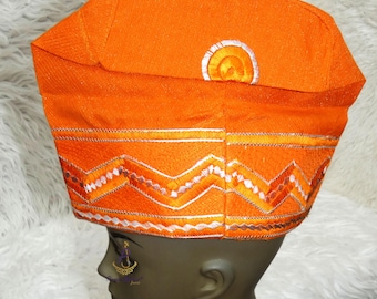 Orange Yoruba Fila Hat Royal Embroidery Designs Aso Oke Groom Fila Cap African Nigerian Hat For Men Groom Wedding Party