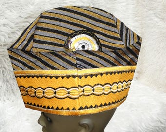 Gold 3 Tones Yoruba Fila Hat Royal Embroidery Designs Aso Oke Groom Fila Cap African Nigerian Hat For Men Groom For Wedding Party