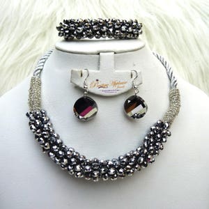 Pink Black Grey Rope Necklace Earring Casual Party Crystal Beads Jewellery Set