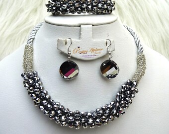 Pink Black Grey Rope Necklace Earring Casual Party Crystal Beads Jewellery Set