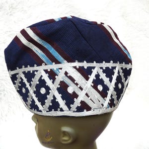 Dark Blue Dark Red White Yoruba Fila Hat Royal Embroidery Designs Aso Oke Groom Fila Cap African Nigerian Hat For Men Groom Wedding Party