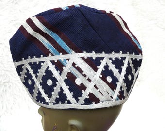 Dark Blue Dark Red White Yoruba Fila Hat Royal Embroidery Designs Aso Oke Groom Fila Cap African Nigerian Hat For Men Groom Wedding Party